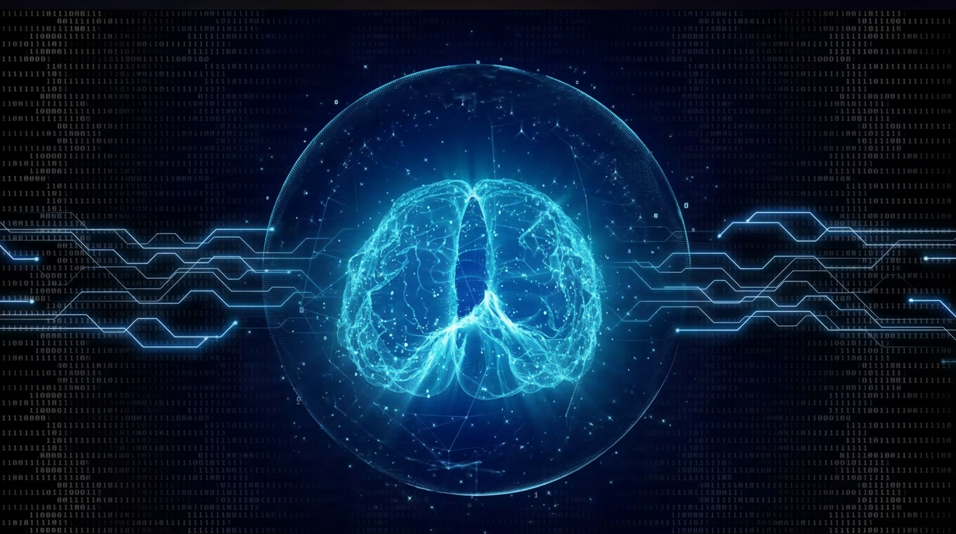 Abstract secure AI visual: a glowing blue neural core wired into circuitry