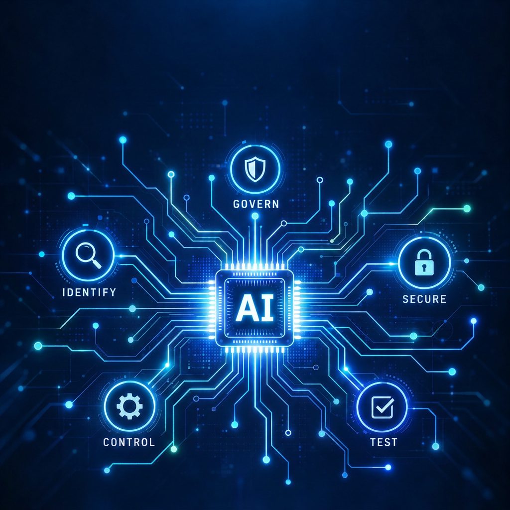 AI chip circuit map linking Govern, Identify, Secure, Control and Test